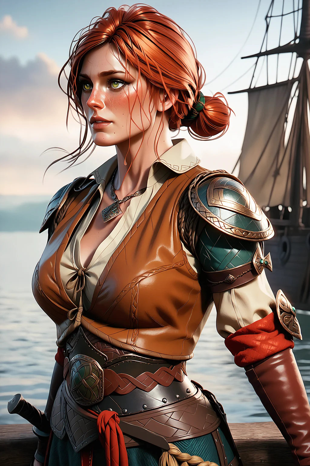 tr1s5, t34l_w1tch, score_9, score_8_up, score_7_up, 1girl, solo, from side, sway back, viking ship, norse mythology, comic, <lora:tr1s5:1.0>