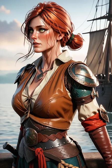 tr1s5, t34l_w1tch, score_9, score_8_up, score_7_up, 1girl, solo, from side, sway back, viking ship, norse mythology, comic, <lora:tr1s5:1.0>