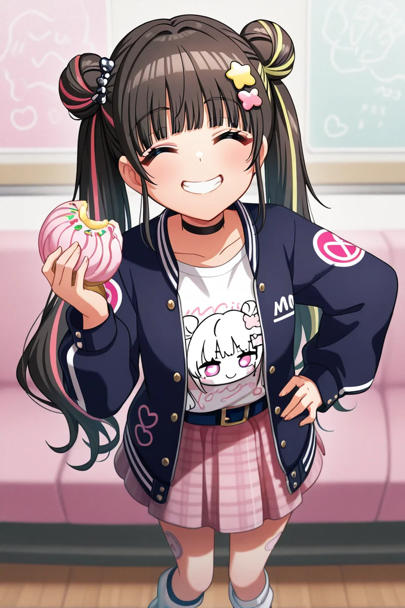 masterpiece, best quality, amazing quality,
<lora:Michiru_IL:1> michiru, 1girl, skirt, solo, shirt, closed eyes, black choker, jacket, hair bun, long hair, food, hair ornament, double bun, multicolored hair, white shirt, socks, streaked hair, smile, pink skirt, holding, loose socks, choker, white socks, plaid skirt, twintails, hand on hip, casualalt