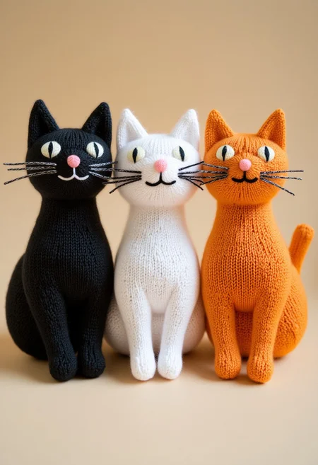 A black cat, a white cat and an orange cat.knitted style