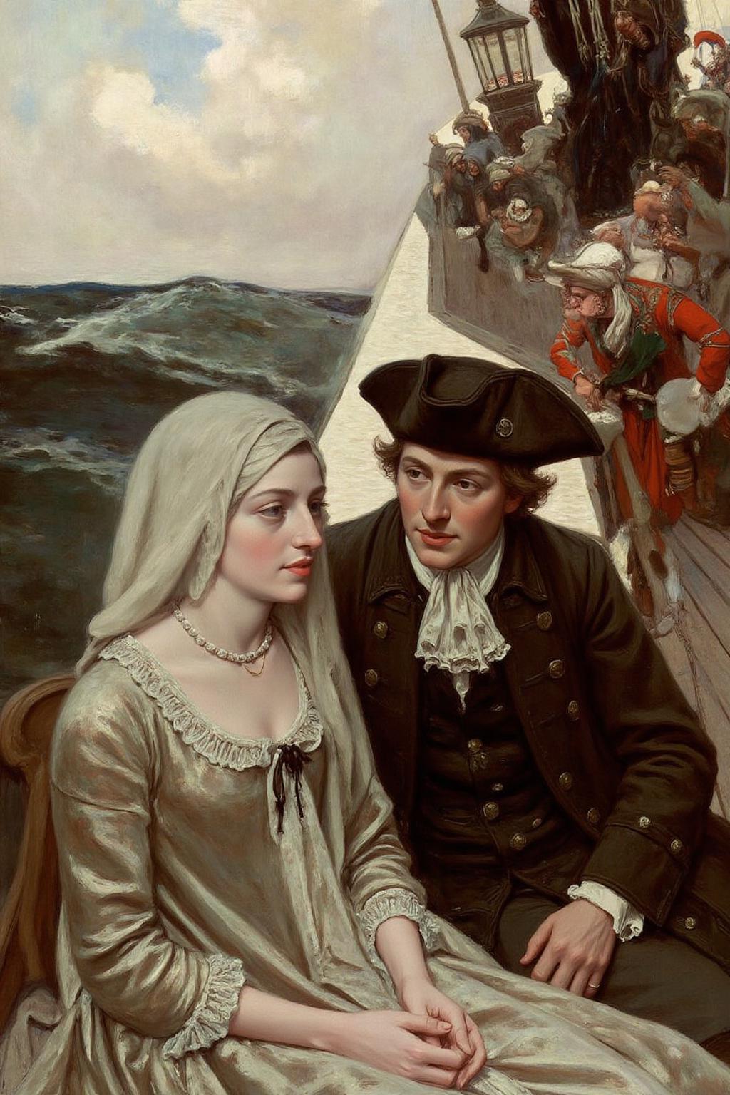 hopy1 illustration.
A scene on a ship during the 18th century. The primary subjects are a man and a woman sitting on the deck of a ship, with the background showing the sea and a portion of the ship's rigging. The man, wearing a dark brown tricorn hat, dark coat, and white ruffled shirt. <lora:hopy1_cap_d6a3e12:1.0><lora:826167591375680392:0>