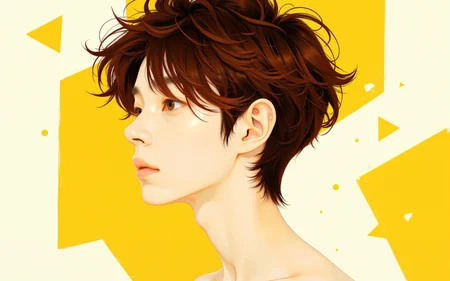 A hyper-realistic profile portrait of a young man with a slender, pale face and short, brown hair styled in a slightly messy, tousled manner, with bangs slightly covering his forehead. His eyes are wide and slightly squinting, giving a contemplative expression. His skin tone is light, with a smooth complexion. he is shirtless, revealing his collarbones and small nipples. The background consists of abstract, geometric shapes in yellow and off-white.