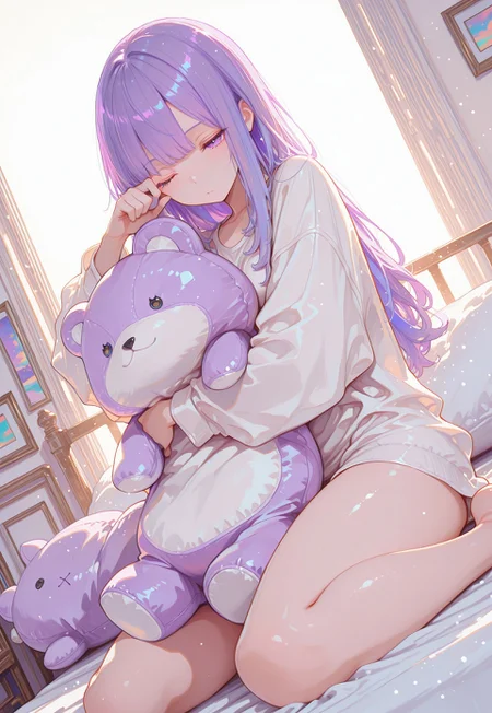 safe_pos, 1girl, huge stuffed_toy, long hair, purple hair, small breasts, hugging stuffed_toy, wariza on bed, rubbing eye, colorful, daylighting, morning, looking at viewer, BREAK dutch angle, dynamic angle, stylish pose, fashion pose, soft lighting, BREAK perfect details, masterpiece, best quality, ultra-detailed, best illustration, high resolution, extremely detailed CG, unity 8k wallpaper, super detailed skin, perfect anatomy, detailed, cinematic lighting, dynamic lighting, light particles, abstract, beautiful detailed eyes, absurdres, very aesthetic, detailed background, depth of field