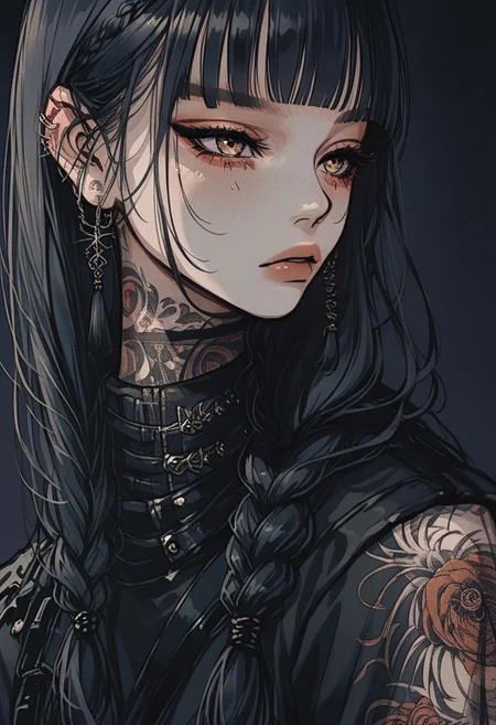 score_9, score_8_up, score_7_up,source_anime,1girl,solo,black hair,long hair,braided ponytail,blunt bangs,brown eyes,perfecteyes,eyebrows,hair behind ear,high neck sleeveles jacket,tattoos,pants,from the side,dark background,sinozick,flat colors,cowboy body shot,at3r4,Kakimaku