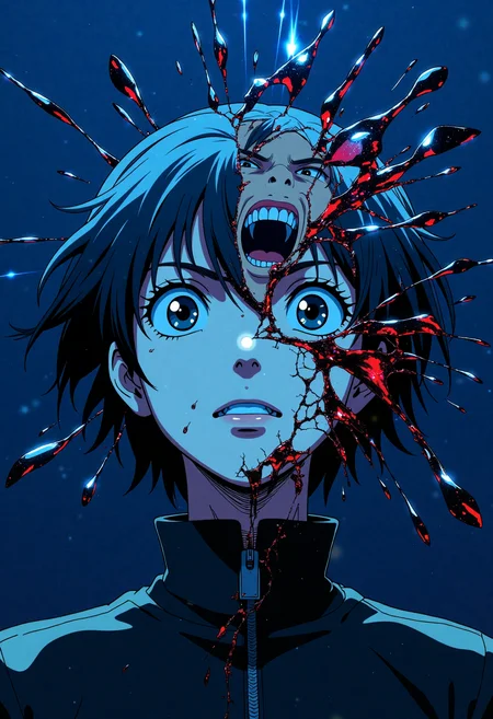 A haunting anime-style character portrait with a solid, deep indigo background, illuminated by faint, eerie light. The character's face is mid-transformation, splitting apart like shattered glass, each fragment reflecting a different version of themselves. Each shard reveals a distinct emotion: one fragment shows a smiling face, another a scream of despair, and another a calm, blank stare. The shards are intricately detailed, with glowing, ethereal cracks spreading across the surface. The character's eyes are large and expressive, filled with a mix of fear and curiosity. The lighting is dramatic, with harsh shadows accentuating the horror of the scene. The overall composition is highly detailed, with intricate lines and vibrant, contrasting colors that pop against the dark backdrop. The atmosphere is thick with tension, as if the fragments could reassemble at any moment, creating a sense of dynamic, unsettling energy., <lora:J_Anime:0.345> j_art,<lora:Studio_Ghibli_Flux:0.399> ghiblistyle,<lora:Chibi_Adventures:0.263> ch1b1k1n3s1s,<lora:ck-nc-luminal-genesis-000016:0.401> A digital anime artwork in the style of cklg