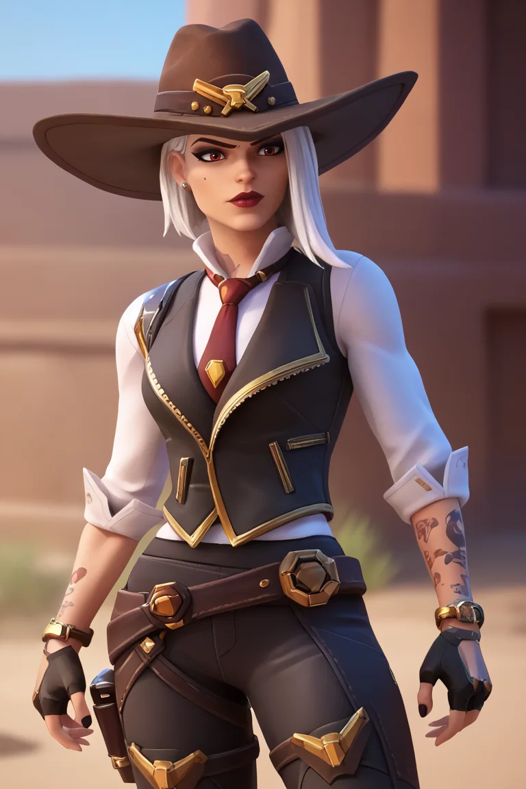 score_9, score_8_up, score_7_up, BREAK, <lora:owc-guy-PONYv1:1>, 1girl, solo, <lora:asheow-guy-PONYv1:0.95> asheow, makeup, lipstick, tattoo , hat, necktie, cowboy hat, white shirt, jewelry, earrings, black vest, fingerless gloves, black pants, belt