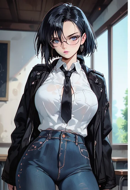 (score_9, score_8_up, score_7_up), melkor_style,
score_9, score_8_up, score_7_up, score_6_up, score_5_up, score_4_up, source_anime, high detailed, high quality, masterpiece, source_anime, high detailed, high quality, masterpiece, 1 girl, 1 boy, couple, romantic couple, straight, hetero, heterosexual, (1 boy, black eyes, black hair, hair between eyes, short hair, school uniform, frame glasses, button down shirt, tie, jacket, houdie, open jacket, blue eyes, jeans), (1 girl, yaoyorozu momo, long hair, bangs, black hair, ponytail, black eyes, high ponytail, wide ponytail, pink lips, big breasts, school uniform, button down shirt, cleavage, pleated skirt, pantyhose), looking at viewer, low angle, background room, cowboy shot, anime screencap, watercolor \(medium\), traditional media, neon.