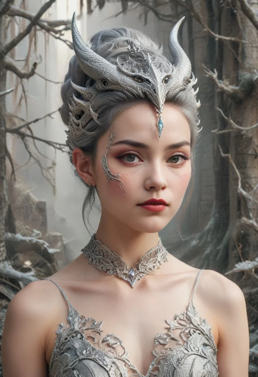 An elegant Asian woman with fair skin and a sophisticated appearance is intimately entwined with a majestic silver dragon. Her poised profile shows soft facial features, dark arched eyebrows, and full red lips. Her raven-black hair transitions into a chic updo at the back with a large, ornate dragon-scale hair accessory that mimics a dragon's head crest. Intricate silver dragon-themed jewelry adorns her ears. She possesses a slender neck and shoulders, exuding grace and strength. The silver dragon is a centerpiece, featuring a plethora of finely detailed scales and multiple serpentine heads with sharp features, reminiscent of ancient Eastern dragon depictions. The dragon's eyes are keen and yellow, with slit pupils, set in fierce, intelligent faces. Its horns and spines carry the same elaborate patterning found in the woman's headdress, indicating a shared affinity. The background is minimalistic, casting focus onto the subjects, and the image carries a color palette dominated by silver, gray, and hints of muted ivory, evoking an ethereal atmosphere. The composition conveys a narrative of unity and power between human and mythical creature, blending reality with fantasy in seamless harmony. English pastoral cottage exterior, twilight, ultra-surreal, Nikon D850, emotional, sublime, dynamic composition, angle view, vintage colors, vintage, ultra-clear, wide angle shot,elegant figure of a ballerina