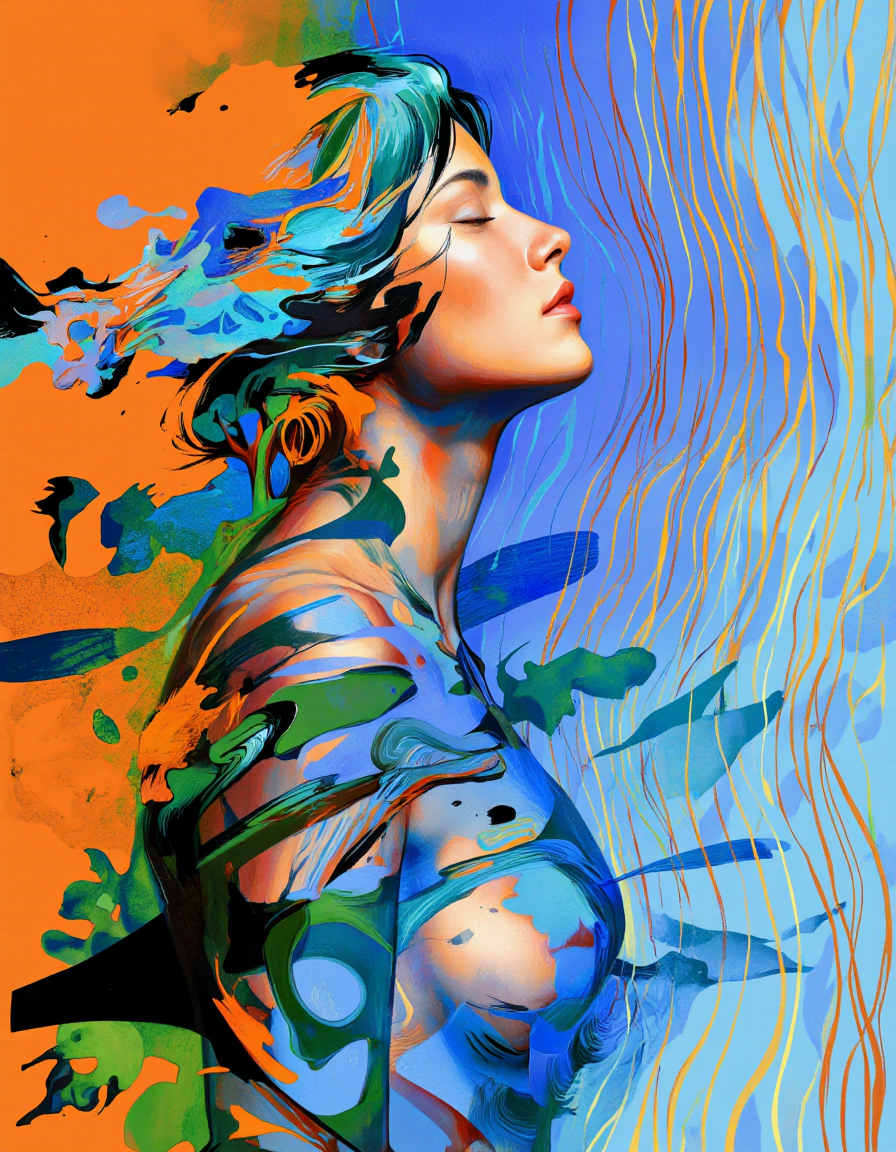 A digital illustration shoot from a profile camera angle about a striking portrait of a woman's face with a blend of blue and orange tones, creating a dynamic and abstract composition. the image features a woman with a serene expression, positioned in the middle of the image, facing the viewer with her eyes closed and her head tilted slightly to the side. the woman appears to be in her early twenties, with a slim body and a gentle, almost ethereal quality to her face. her hair is styled in a short, flowing manner, and her hair color is teal with hints of orange and teal tones. the background is composed of abstract lines and shapes in shades of blue, orange, and green, with splashes of green and black creating a sense of movement and energy. the style is reminiscent of modern digital art, with bold lines and abstract textures adding to the overall sense of depth and dimensionality. the overall effect is one of calmness and tranquility, with the woman's expression and the vibrant colors blending together to create a visually striking composition.