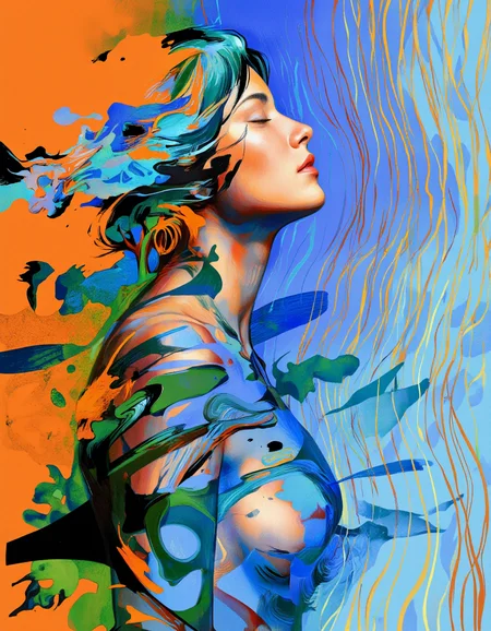 A digital illustration shoot from a profile camera angle about a striking portrait of a woman's face with a blend of blue and orange tones, creating a dynamic and abstract composition. the image features a woman with a serene expression, positioned in the middle of the image, facing the viewer with her eyes closed and her head tilted slightly to the side. the woman appears to be in her early twenties, with a slim body and a gentle, almost ethereal quality to her face. her hair is styled in a short, flowing manner, and her hair color is teal with hints of orange and teal tones. the background is composed of abstract lines and shapes in shades of blue, orange, and green, with splashes of green and black creating a sense of movement and energy. the style is reminiscent of modern digital art, with bold lines and abstract textures adding to the overall sense of depth and dimensionality. the overall effect is one of calmness and tranquility, with the woman's expression and the vibrant colors blending together to create a visually striking composition.