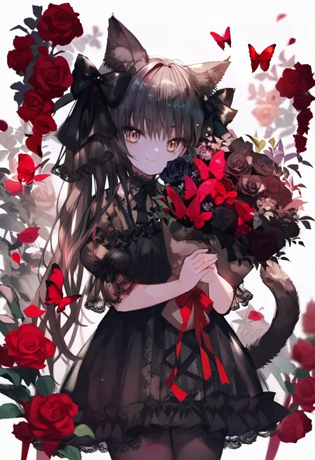 score_9, score_8_up, score_7_up, score_6_up, <lora:oninekoXL_TPN55_lokr_V43P1:0.95> 1girl, flower, solo, rose, animal ears, cat tail, tail, cat ears, dress, black dress, red flower, black hair, long hair, looking at viewer, black flower, red rose, holding, bouquet, cat girl, black rose, pantyhose, short sleeves, smile, cowboy shot, holding bouquet, ribbon, bow, black bow, standing, animal ear fluff, black pantyhose, brown eyes, butterfly, hair bow, puffy sleeves, closed mouth, frills, bug, puffy short sleeves, white background