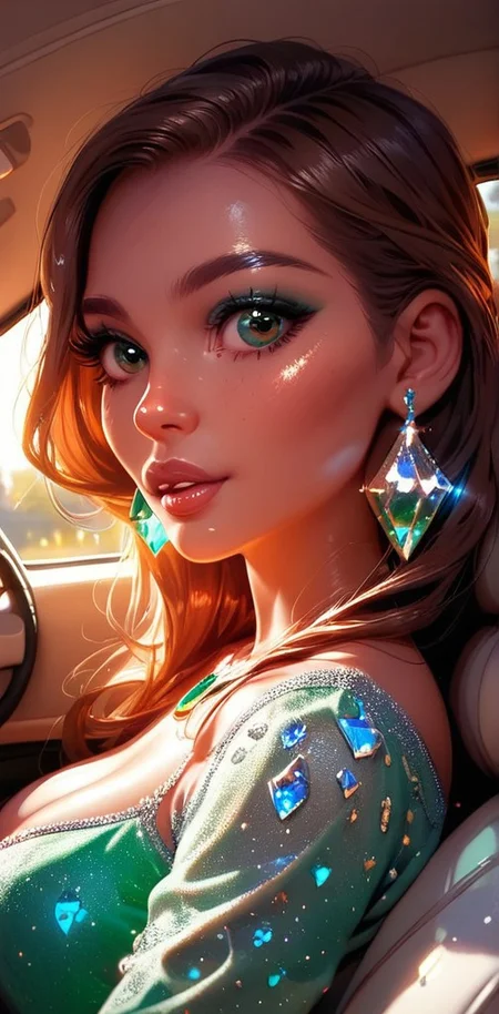 (emeraldmorph, emerald:1.4),(woman, long hair, jewelry, dress, lips, looking at viewer, gem, makeup, motor vehicle, shiny:1.2),(earrings, brown eyes, medium breasts, from side, car, sitting, upper body, eyelashes, parted lips:0.8),solo, brown hair, breasts, car interior, green dress, long sleeves, artist name, looking at viewer, zPDXL3, SimplePositiveXLv2, Expressiveh, detail1eye, shiny skin, shiny, score_9, score_8_up, score_7_up, score_6_up