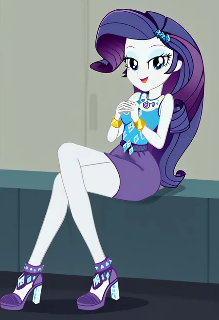(High Resolution), (More Details), (8K), (High Resolution), Score_9, Score_8_up, Score_7_up, Volumetric lighting, Intricate, Rarity, equestria girls, 1 girl, rarity peplum dress, pencil skirt, short purple skirt up to the thighs, shielding geode, Jewelry, bracelets, High heels, Full body, Sexy and sensual model body, pose, seductive and flirtatious look, beautiful, attractive, Mature body, big breasts, Seductive and flirtatious look, attractive and sensual, daring and flirtatious, Very seductive and sensual eyes, half-closed eyes, Toned abdomen,
