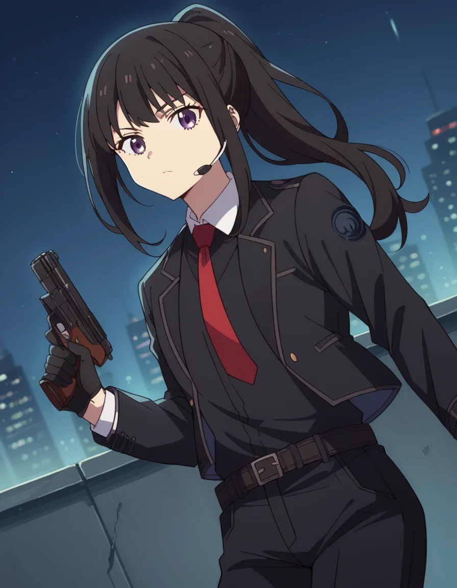 score_9, score_8_up, score_7_up, source_anime,
takinainoue, <lora:takina-inoue-s1-ponyxl-lora-nochekaiser:1>,
inoue takina, long hair, bangs, black hair, purple eyes,
ponytail, gloves, long sleeves, jacket, necktie, black gloves, collared shirt, belt, pants, vest, black jacket, black pants, formal, suit, red necktie, headset, black suit, earpiece,
outdoors, night, cityscape, gun, holding gun,
looking at viewer, cowboy shot, dutch angle, solo,