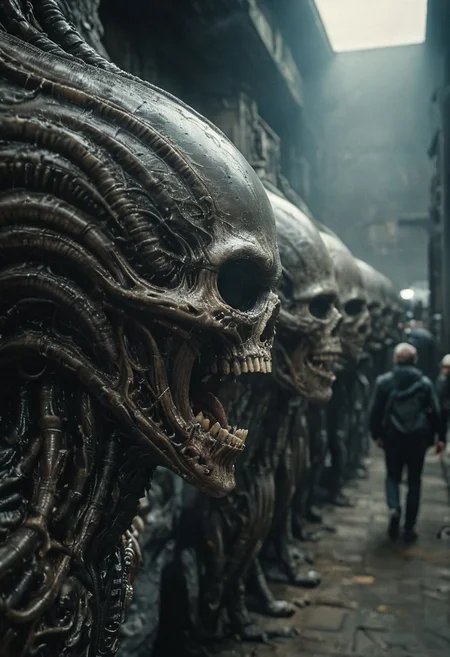 Closeup, Dark, bosstyle, By HR Giger and Franco fontana, amazing quality, masterpiece, best quality, hyper detailed, ultra detailed, UHD, perfect anatomy, dof, hyper-realism, majestic, awesome, inspiring, Walking in a Line, people standing in a row, rear View, Walking into a giant abyss hell Gate Office complex boss, cinematic composition, soft shadows, atmospheric haze, very detailed, raw photo, photorealistic, high detailed texture, 8k uhd, dslr, soft lighting, high quality, film grain, atmospheric haze, Film grain, cinematic film still, shallow depth of field, highly detailed, high budget, cinemascope, moody, epic, OverallDetail, gorgeous, 2000s vintage RAW photo, photorealistic, candid camera, color graded cinematic, eye catchlights, atmospheric lighting, skin pores, imperfections, natural, shallow dof