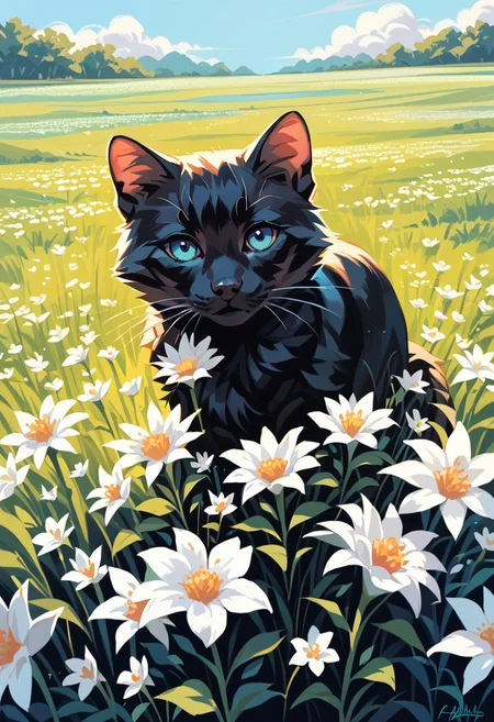 score_9, score_8_up, score_7_up, score_6_up, watercolors, a little black cat asleep in a field of white flowers. pastels, dreamlike