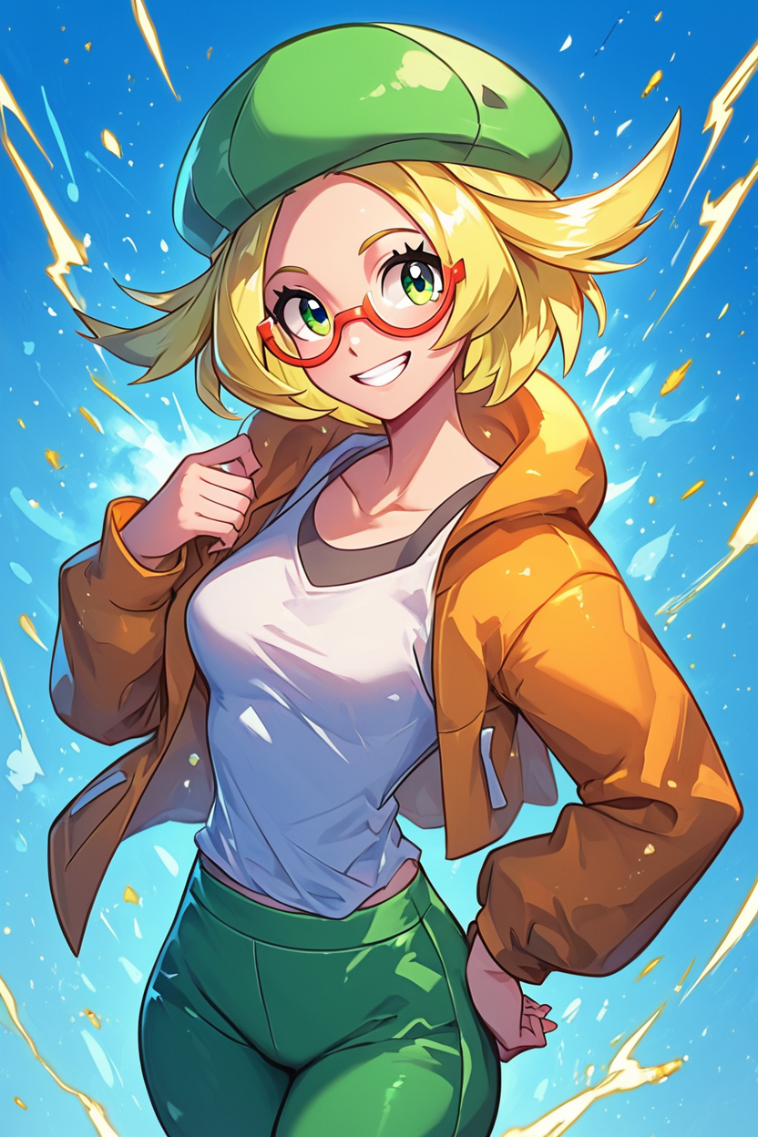 score_9, score_8_up, score_8, medium breasts, (curvy), cute, eyelashes,       BREAK, , ,,, zzBianca, blonde hair, short hair, green eyes, green hat, glasses, orange jacket, white shirt, green pants, <lora:Bianca_Pokemon_PDXL:0.8>,    ,,,, BREAK, embedding:zPDXL, Expressiveh, ,,, <lora:EnergyCAT:1.0>, solo, smile, looking at viewer, aura, blue sky, ,,, <lora:SDXLFaeTastic2400:0.5>, <lora:Expressive_H-000001:0.4>,