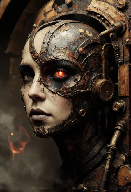 Capture an extreme close-up of a dieselpunk cyborg woman, her left eye reinforced with riveted iron plating and glowing red sensors. Oil-streaked metal panels and rusted bolts frame her weathered skin, scarred and soot-stained from a world of grit and machinery. Smoke and sparks drift from nearby exhaust ports, and the faint glow of smoldering furnaces in the background adds a fiery bokeh. The muted sepia tones and metallic textures emphasize the harsh, industrial aesthetic of the dieselpunk genre.