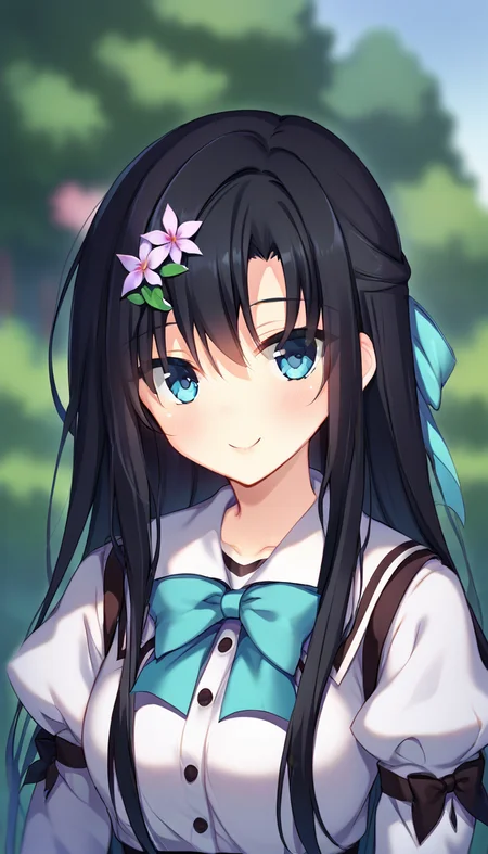 score_9,score_8_up,score_7_up,score_6_up BREAK official art,solo,outdoors,upper body,(portrait:1.5),looking at viewer,facing viewer,smile,blush,Tsugihana Misumi,very long hair,black hair,hair bow,aqua bow,hair flower,sidelocks,bangs,blue eyes,school uniform,black bowtie,white shirt,long sleeves,puffy detached sleeves,white skirt,frilled skirt,white socks,mary janes,<lora:Tsugihana Misumi(pa)-Pony:1.4>,