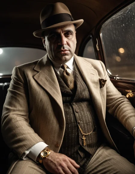 (Cinematic film still:1.7) Dark Moody Atmosphere, A photography portrait of Al Capone, sitting in the back of his sedan car, very intimidating and pissed expression, chicago foggy nightime, smoky, in his signature pinstripe suit, (beige alpaga surcoat:1.3), (golden ring:1.2) and (pocket watch), (borsalino:1.4) hat, highly detailed, vintage sepia tones, trending on Artstation, hyperrealistic, hyperdetailed, intricate, textured <lora:xl_more_art-full_v1:0.3> <lora:Action-sdxl-V0.5:1.3> in a zdyna_pose, dutch angle, from below, wide camera angle actions scene, (foreshortening:1.5),, dramatic, mysterious, dark moody atmosphere . shallow depth of field, vignette, highly detailed, high budget, bokeh, cinemascope, moody, epic, gorgeous, film grain, grainy