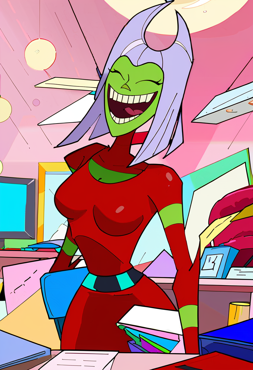 <lora:TwelveForever_ButtWitch_Pony:1.0>, butt witch \(regular\), upper body, laughing, twelve forever, 1girl, solo, colored skin, red bodysuit, office, masterpiece, best quality, score_9, score_8_up, score_7_up