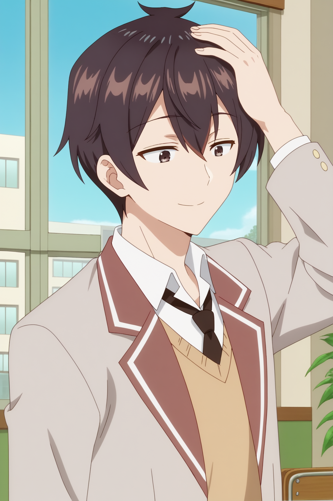 masachika kuze,anime screencap,male focus,solo,mature,short hair,school uniform,black hair,hair between eyes,light smile,indoors,school uniform,necktie,white shirt,classroom,windows,sky,plant,hand on head <lora:Masachika_Kuze - PDXL2.safetensors:0.8> <lora:detailed_backgrounds_v2:0.8>