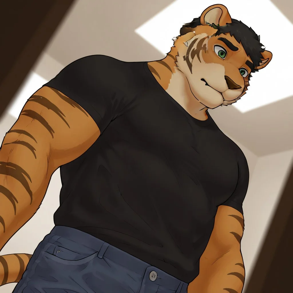 masterpiece, best quality, hires, absurdres, male, bara, tiger, furry, black shirt, jeans, orange fur, short hair, green eyes, sfw, solo, dynamic angle, face focus, portrait, upper body, unparalleled masterpiece, best quality, amazing quality, highres, depth of field, extremely-detailed, detailed background, detailed fur, detailed muscles, cinematic lighting, side angle