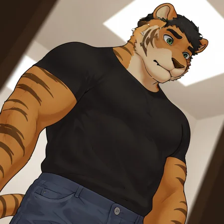 masterpiece, best quality, hires, absurdres, male, bara, tiger, furry, black shirt, jeans, orange fur, short hair, green eyes, sfw, solo, dynamic angle, face focus, portrait, upper body, unparalleled masterpiece, best quality, amazing quality, highres, depth of field, extremely-detailed, detailed background, detailed fur, detailed muscles, cinematic lighting, side angle