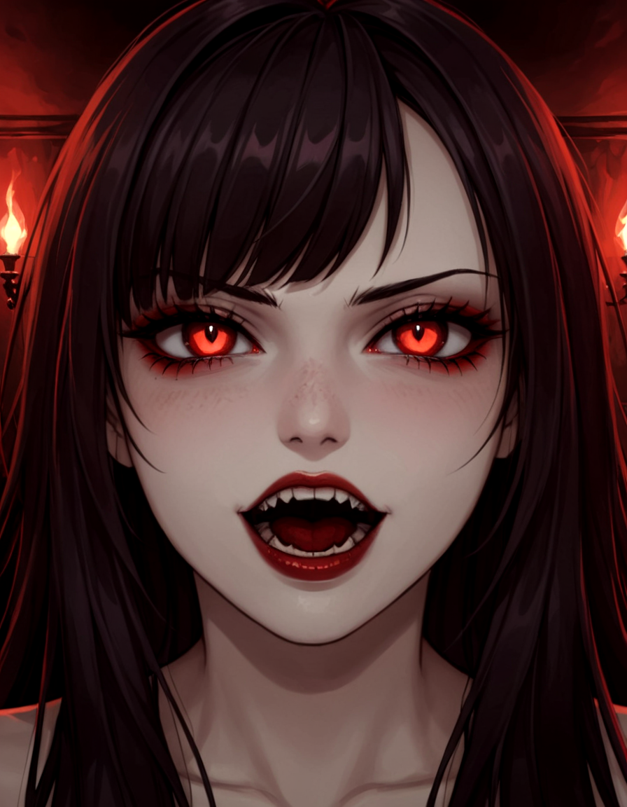 beautiful detailed portrait, skinny thin pale mature woman, long black straight hair, straight bangs, heavy makeup, red lips, piercing red eyes, evil laugh, two sharp long fangs, vampire, ravenous, hungry, blushing, evil laugh, menacing atmosphere, face closeup, dark bedroom, ceiling, looming over, (dim, low contrast, dark ambiance, eerie atmosphere:1.2), best quality, ultra-detailed, intricate sharp details, elaborate outfit