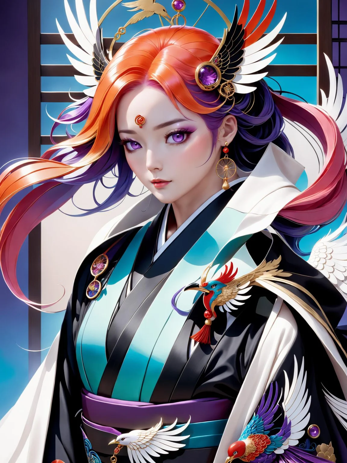 (highly detailed:1.3), Wearing a mofuku iromuji, a casual black mourning kimono, the character's attire is crafted from a lightweight silk fabric, The fabric has a soft and breathable feel, providing comfort during periods of mourning,An elegant phoenix, its plumage depicted with intricate embroidery, stretches its wings across the fabric, The vibrant threads capture the mythical bird's majestic presence, symbolizing rebirth and resilience, The character fastens a kesa brooch to the front of her kimono, The brooch is adorned with a intricate design or gemstones, serving as a decorative accent and highlighting the character's attention to detail, (The character's kimono features a vibrant and playful coral orange,) representing joy and exuberance:1.2, Ultra-detail, (highres:1.1), best quality, (masterpiece:1.3), cinematic lighting, (highly detailed face and eyes:1.3), (full body:1.2), (pink hair:1.2), (purple eyes:1.2), (arms behind head:1.3), (wariza:1.2), detailed background, ((cyborg, cyberpunk)), steampunk, robotic parts, bright colours, yamer style, <lora:xl_yamer_style-1.0:1>