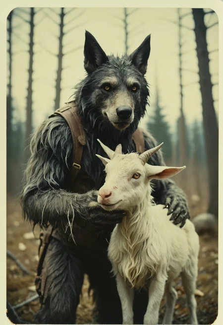 analog film photo,werewolf with little goat, highly detailed,polaroid<lora:add-detail-xl:1>