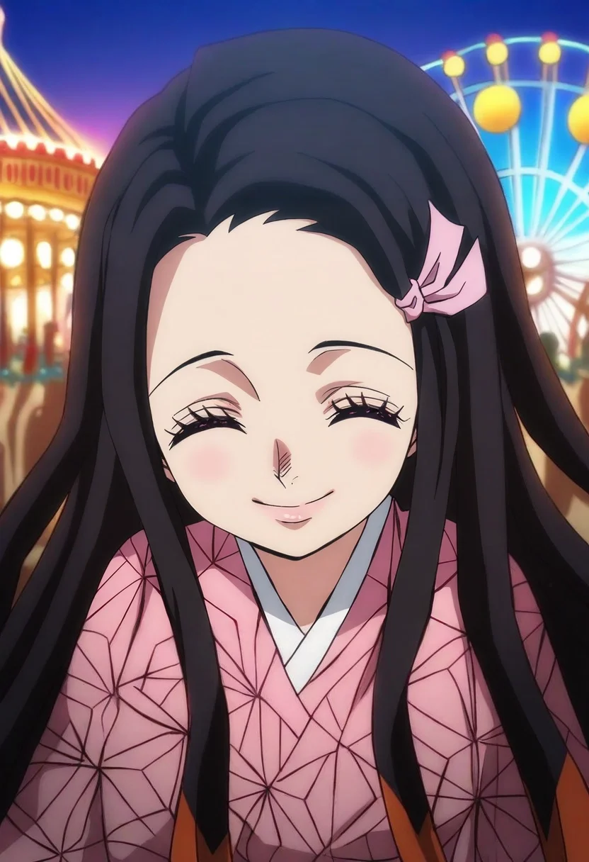 masterpiece, best quality, intricate details, , , 1girl, kamado nezuko, kimetsu no yaiba, black hair, pink eyes, solo, focused, amusement park, carousel, ferris wheel, dawn, (pose), (closed eyes:1.2), smile, <lora:one_piece_wano_style_ilxl:1.12>, one_piece_wano_style,