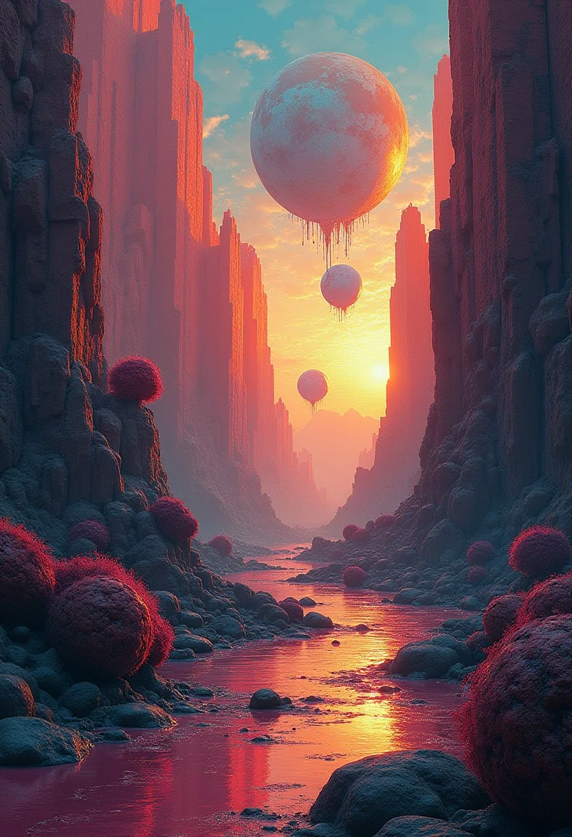 An abstract, vibrant landscape with floating geometric shapes, melting clocks, and a sky filled with impossible, fractal patterns,
in the style of the eerie ambiance of Ridley Scott's 'Alien' with 80s sci-fi nostalgia. Blend dreamlike, claustrophobic spaces, grimdark Warhammer 40K magic, and campy yet sinister tones. Envision a surreal, dystopian world where arcane forces meet retro-futuristic sci-fi, creating a uniquely haunting tableau