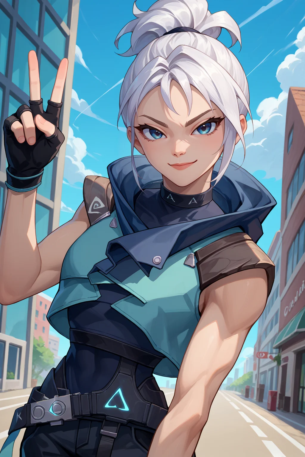 score_9, score_8_up, score_7_up, score_6_up, source_anime, 1girl, solo <lora:valorantjett-pdxl-nvwls-v1-000005:1> valJett, white hair, short ponytail, grey eyes, blue eyes, blue jacket, sleeveless, cropped jacket, black bodysuit, belt, black pants, black gloves, fingerless gloves, looking at you, happy, peace sign, blue sky, upper body, portrait, cityscape, city, smug
