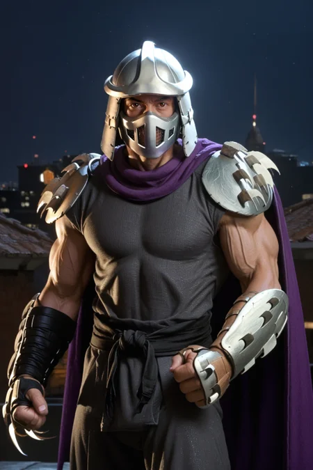 score_9, score_8_up, score_7_up, masterpiece, high quality, ((upper body shot, front view)), TMNT1987 style,
a TMNT1987_Shredder 1man armored samurai knight with claw gauntlets, wearing a dark outfit and purple cape with pauldrons and metal samurai helmet with mask, (skinny, muscular, fitness physique), <lora:TMNTShredder_Pony_v3:1>
(standing, fight stance, martial arts pose)
((on a city rooftop, at night)), dark sky, city lights, skyscrapers in background
dynamic lighting, shadows, cinematic