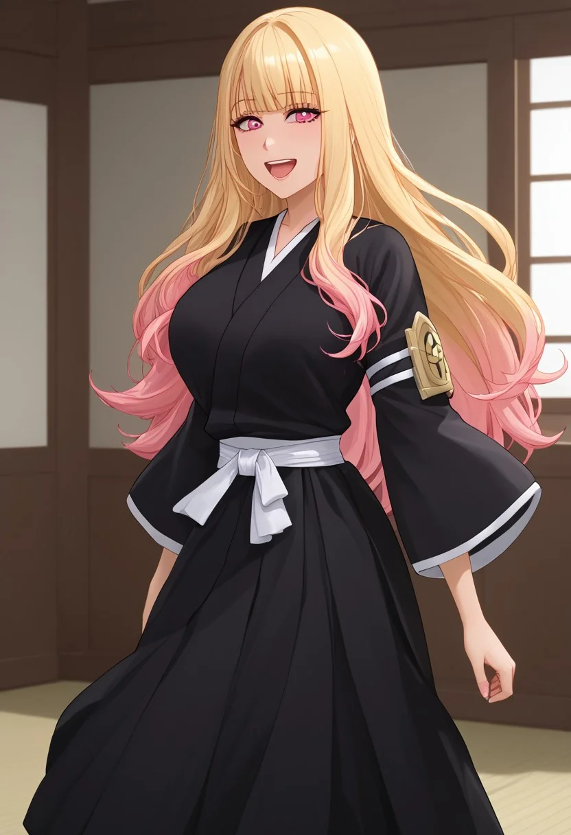 Masterpiece, best quality, high quality, highres, 4k, detailed face, bmbplora, Expressiveh, marin kitagawa, long hair, bangs, blonde hair, pink eyes, multicolored hair, pink hair, smile, open mouth, Shihakusho, black kosode, black hakama, white belt, sandals, Scabbard, solo,