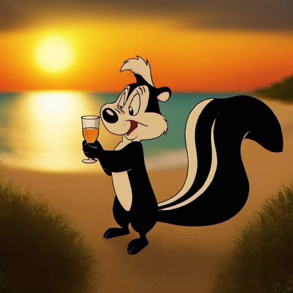 cinematic photo a cartoon character with a big furry tail, sunglasses, having a cocktail on the beach, sunset<lora:Pepe1024:0.8> . 35mm photograph, film, bokeh, professional, 4k, highly detailed