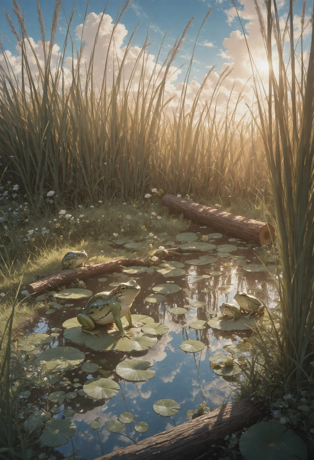 very awa, masterpiece, amazing quality, best quality, newest, very aesthetic, absurdres,
no humans, animal, animal focus, frog,
green frog,
outdoors, pond, lily pad, grass, tall grass, tall grass surrounding the pond, blue sky, fluffy clouds, log,
dreamy atmosphere, warm sunlight, pond plants, pond grass, detailed background,
XUER guangying,
<lora:NOOB_vp1_detailer_by_volnovik_v1:0.3> <lora:ponyv6_noobV1_2_adamW:0.3> <lora:KonyaKarasue:0.3> <lora:ç»ªå¿ åæ¶æå¾å
影质æå¢å¼ºV3:0.4>