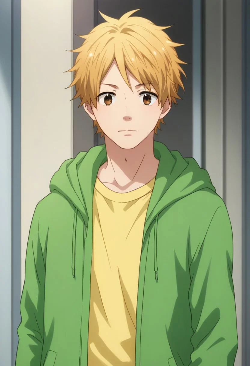 score_9, score_8_up, score_7_up, source_anime, highly detailed,
natsuki, 1boy, male focus, solo, blonde hair, upper body, brown eyes, hoodie, green hoodie, hood, open hoodie, open clothes, yellow t-shirt, pants,