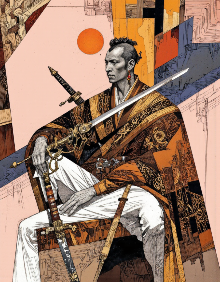 Art by Sergio Toppi and Paco Gimenez.
A vibrant and colorful illustration of a seated male figure, shot from a profile angle, about a male figure dressed in traditional attire with a vibrant, abstract background featuring a bright orange sun. the figure, positioned in the middle of the image, appears to be a man with a mohawk hairstyle and a serious expression, holding a long, ornate sword in one hand and a katana in the other. he is wearing a colorful, patterned shawl draped over his shoulders, with intricate designs and patterns in shades of brown, black, and gold. his hair is styled in a short, spiky manner, and he is adorned with earrings. the background is a soft, pastel pink color with a geometric pattern, and the overall style is reminiscent of traditional african art.