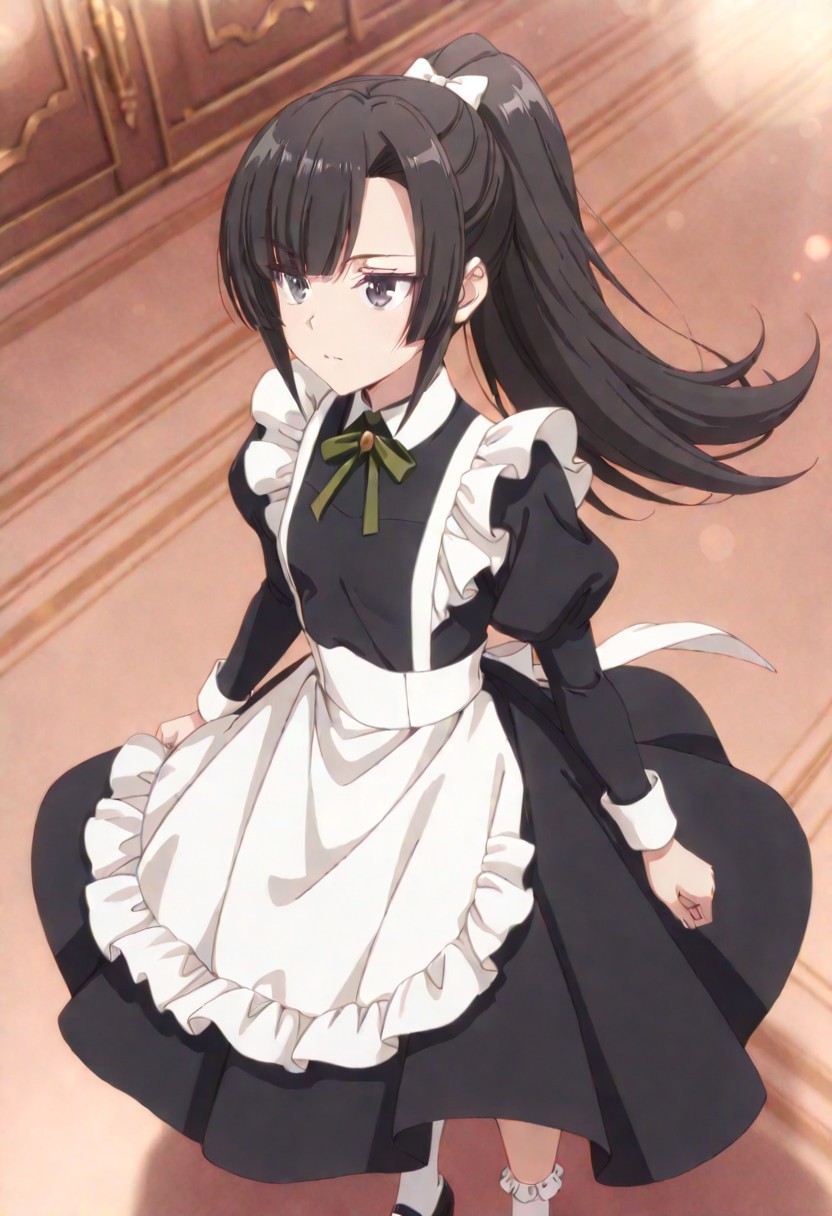 masterpiece, best quality, amazing quality, dynamic view,  solo, dynamic view,  solo, 1girl, masterpiece, best quality, bokeh, luminescent background, 
( maidhimari,, 
 black hair, ponytail, long hair, hair bow,  white bow, black eyes,  asymmetrical bangs, sidelocks, small breasts, ,
 black dress, maid dress, maid apron, white apron,  long sleeves, puffy sleeves, juliet sleeves,  ribbon, socks, white socks, frilled socks, black footwear,,
, ), 
portrait, happy
