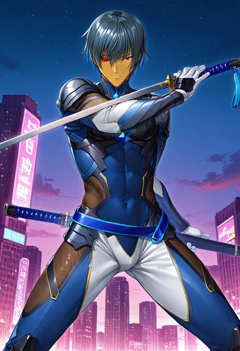 score_9,score_8_up,score_7_up,source_anime,5_figner,2d_animation,game cg,BREAK,1boy,solo,
Fuuma Kotarou,short hair,black hair,dark-skinned male,toned,right red eye,
bodysuit,shoulder armor,armor,legs apart,fishnets
belt,tassel,sheathed,katana,
cowboy shot,fighting stance,
front view,standing,looking at viewer,
skyscraper, neon light, starry, edge, tile,outdoor,cloud,
masterpiece,best qualit,ultra-detailed,illustration,an extremely delicate and beautiful,beautiful detailed eyes,unity 8k wallpaper,high resolution,anime CG,official_art,