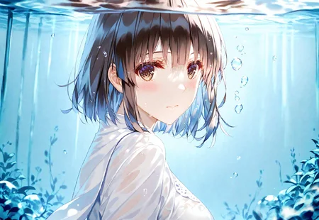 safe_pos, 1girl, misaki_kurehito_2, katou megumi, Megumi,brown hair,kato megumi,brown eyes, short hair , medium breasts, miv4t,suzumi \(ccroquette\),torino aqua, {{beautiful detailed face}}, realistic, {{aesthetic}}, {{{best quality}}}, stunning, very vibrant, looking at viewer, looking at viewer, side view, upper body, bright, clear water, blue water, cold, reflect light, masterpiece, best quality, very aesthetic, elegant, close-up, pureerosface_v1, upper body, leaning, underwater, bubble, underlighting, underwater background, (((masterpiece,best quality,newest,absurdres,highres))),((eye fix))