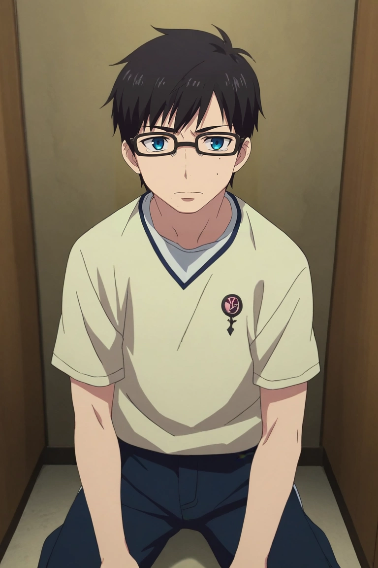 score_9, score_8_up, score_7_up, , rating_safe, , anime screencap, anime coloring, official style, , , 1boy, solo, male focus, <lora:yukio_okumura_pony:0.84>, yukio_okumura, black hair, blue eyes, mole, mole under eye, glasses, black-framed eyewear, asymmetrical, corridor, dusk, kneeling, tearing up, , <lora:sdxl_lightning_8step_lora:1>