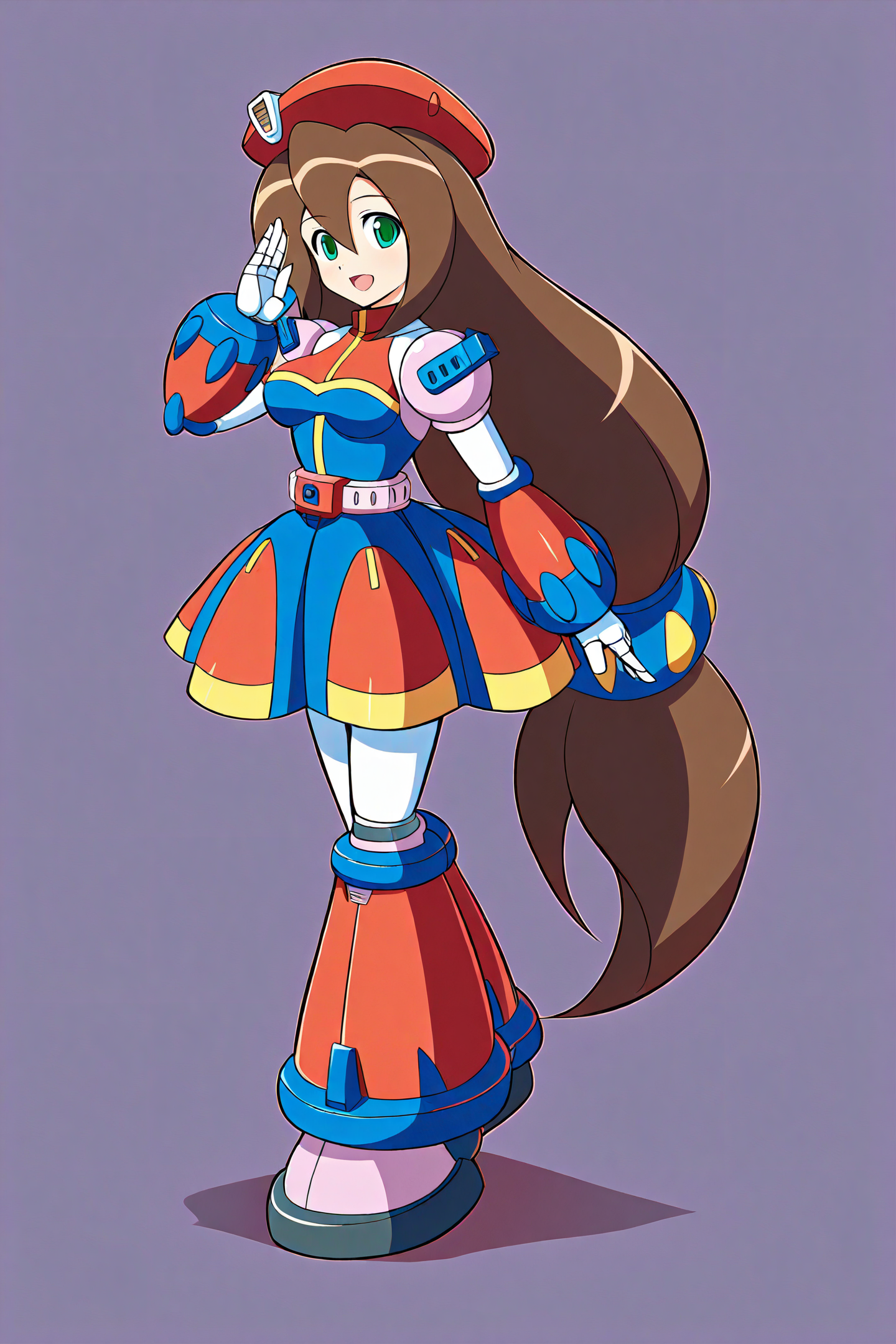 iris \(mega man\),1girl,brown hair,long hair,beret,solo,green eyes,android,smile,open mouth,medium breasts,low-tied long hair,blue and red dress,simple background,looking at viewer,very long hair,hair between eyes,red headwear,standing,
<lora:iris_XL:0.8>,