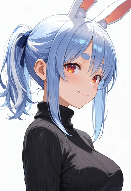 masterpiece,best quality,amazing quality,absurdres, BREAK
usada pekora, 1girl, alternate costume, alternate hairstyle, animal ear fluff, animal ears, asymmetrical hair, black sweater, blue hair, breasts, closed mouth, from side, long sleeves, looking at viewer, medium breasts, medium hair, ponytail, rabbit ears, rabbit girl, red eyes, ribbed sweater, short eyebrows, simple background, single sidelock, smile, solo, sweater, thick eyebrows, turtleneck, turtleneck sweater, upper body, virtual youtuber, white background