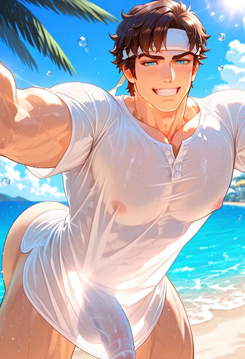 very awa, masterpiece, best quality, absurdres, newest, perfect quality, detailed background, intricate details, BREAK, romantic, cute, solo, 1male, bara, yaoi, anime, BREAK, Richter Belmont, brown hair, blue eyes, (wearing very long shirt), large pectorals, ((see-through silhouette)), nipple bulge, covered nipples, penis underneath shirt, penis silhouette, mature male, bubble butt, small waist, smiling, calm demeanor, having funny, playful, bending over, BREAK, tropical island, tropical hotel, summer break theme, sunny, day, BREAK, cowboy shot, wide angle, back shot, depth of field