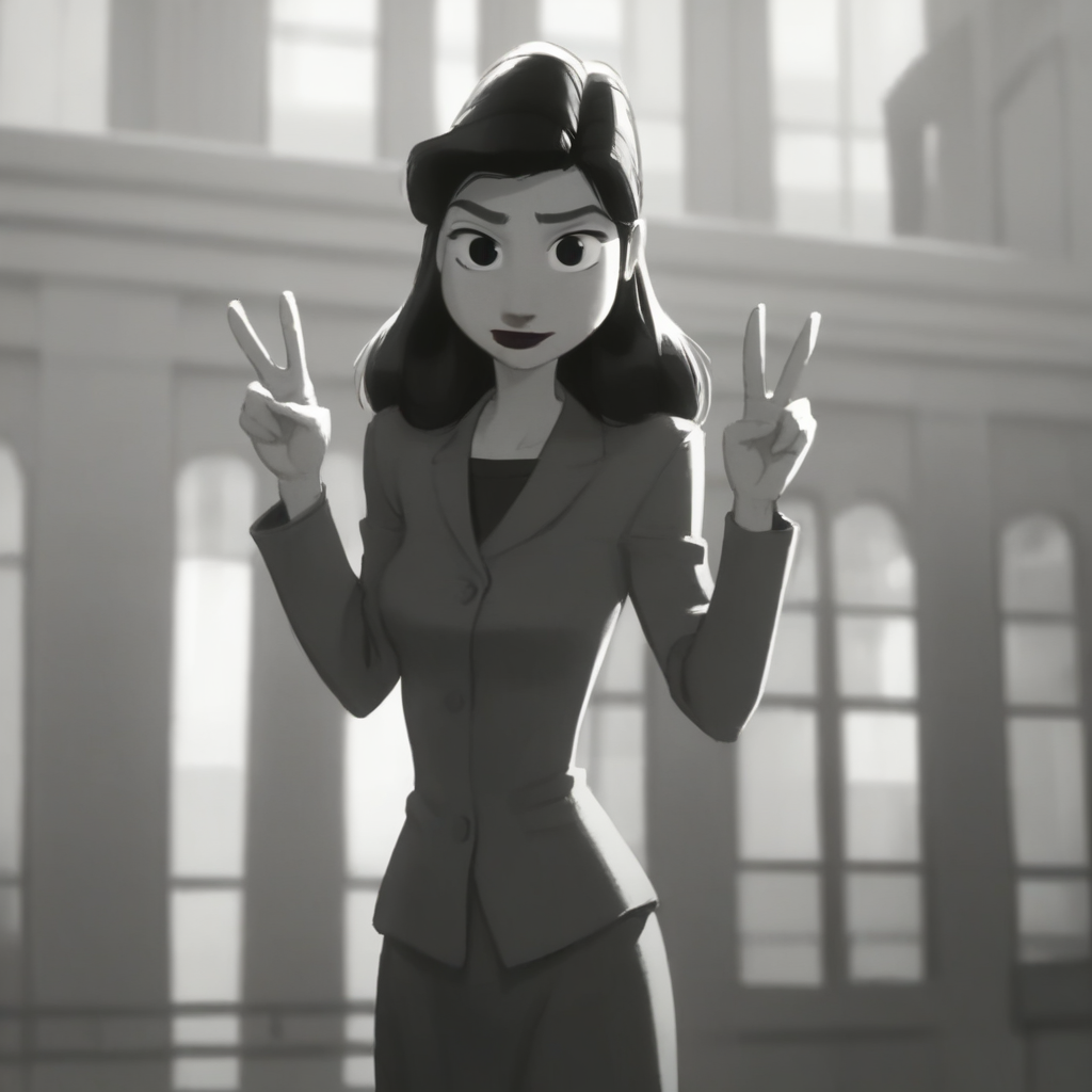 score_9_up, score_8_up, BREAK, MegGirl, monochrome, greyscale, 1girl, solo, long hair, black eyes, lipstick, suit, long skirt, <lora:MegPapermanGirl_WaltDisneyShortFilm_Leaf1-000010:1>, cowboy shot, double v, looking at viewer,