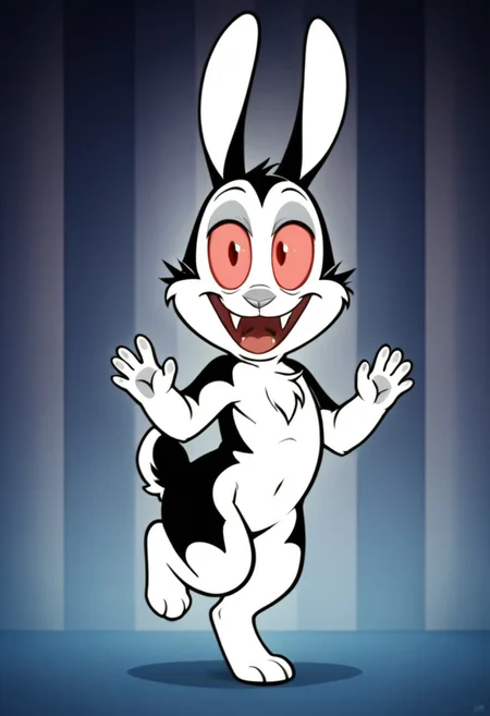 score_9, score_8_up, score_7_up, tail, solo, male, solo male, bunny, rabbit, bunnicula, pink sclera, red eyes, colored sclera, black and white fur, cheek tuft, grey nose, scut tail, fangs, shortstack, chest tuft, chibi, open smile, fur markings, chest tuft, wide eyed, confident, looking at viewer, dancing, barefoot, featureless chest, head tilt, cocked hip, happy, excited, on one leg, jumping, masterpiece, extreme detail, 4k, realistic, shading, psychedelic background, pattern background, full-length portrait, Perfect Hands, 5 fingers, perfect paws, perfect lighting, zPDXL3, Expressiveh, light and shadows by reij-shdwgms, vampire, spooky