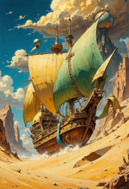 masterpiece, we see a magnificent sailing ship from a fairytale land sailing through the sand of a desert, golden hull, green huge sails, many decorations and ornaments on the ship, huge, plows the desert sand, sand splashes sideways, mountains in the background, alien castles with round domes on mountains, yellow brown dramatic cloud with blue sky, frazetta style